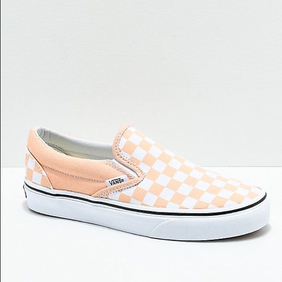 peach colored checkered vans
